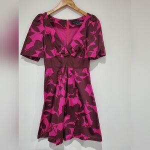 French Connection Burgundy & pink deep V neck floral dress size 2 cotton